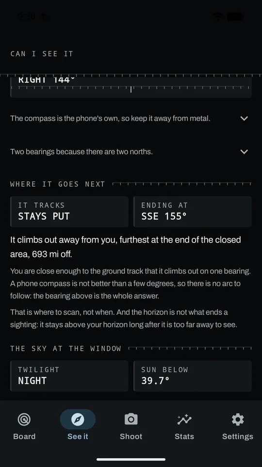 The visibility screen: a compass bearing to the pad, the altitude the rocket must reach to clear the viewer's horizon, and the twilight state at the window.