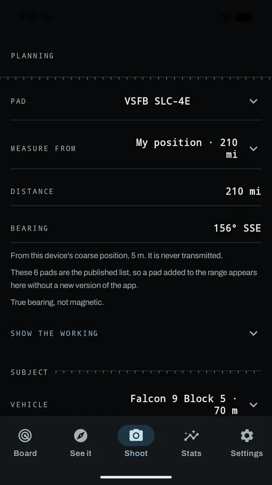 The planning screen: the pad, the distance and true bearing from the viewer's position, and the vehicle being framed.